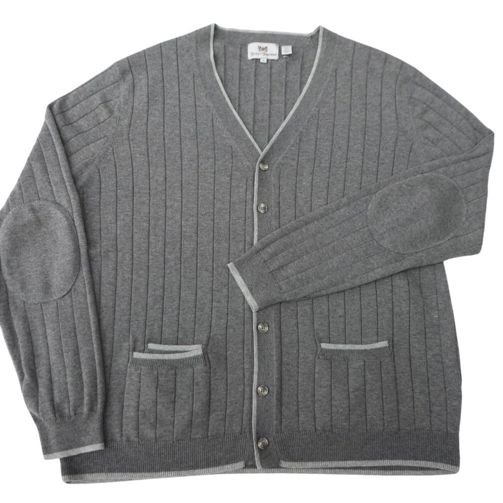 Hickey Freeman Grey Ribbed Cardigan Cotton SiLK Blend Elbow Patches Pockets XL